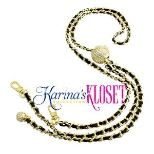 Adjustable Purse Strap, Leather Woven Chain, Gold & Black w/Crystal Ball